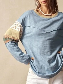 Bohemela Áo thun nữ tay dài cổ tròn dệt kim chắp vá thông thường - Nhiều màu - Xem 5