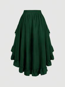 SHEIN MOD Plus Size Women's Dark Green Ruffle Hem Skirt, Vintage Dark Green Layered Skirt