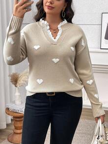 EMERY ROSE Elegant Heart-Shape V-Neck Lace-Up Knit Sweater