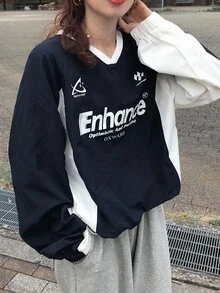 FRIFUL 女式海军蓝 V 领撞色字母印花插肩袖抽绳下摆宽松休闲百搭衬衫，秋季长袖上衣