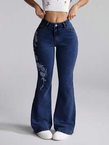 Slaydiva Quần jeans ống loe thêu cạp cao thường ngày cho nữ cỡ lớn - Màu xanh lam - Xem 3