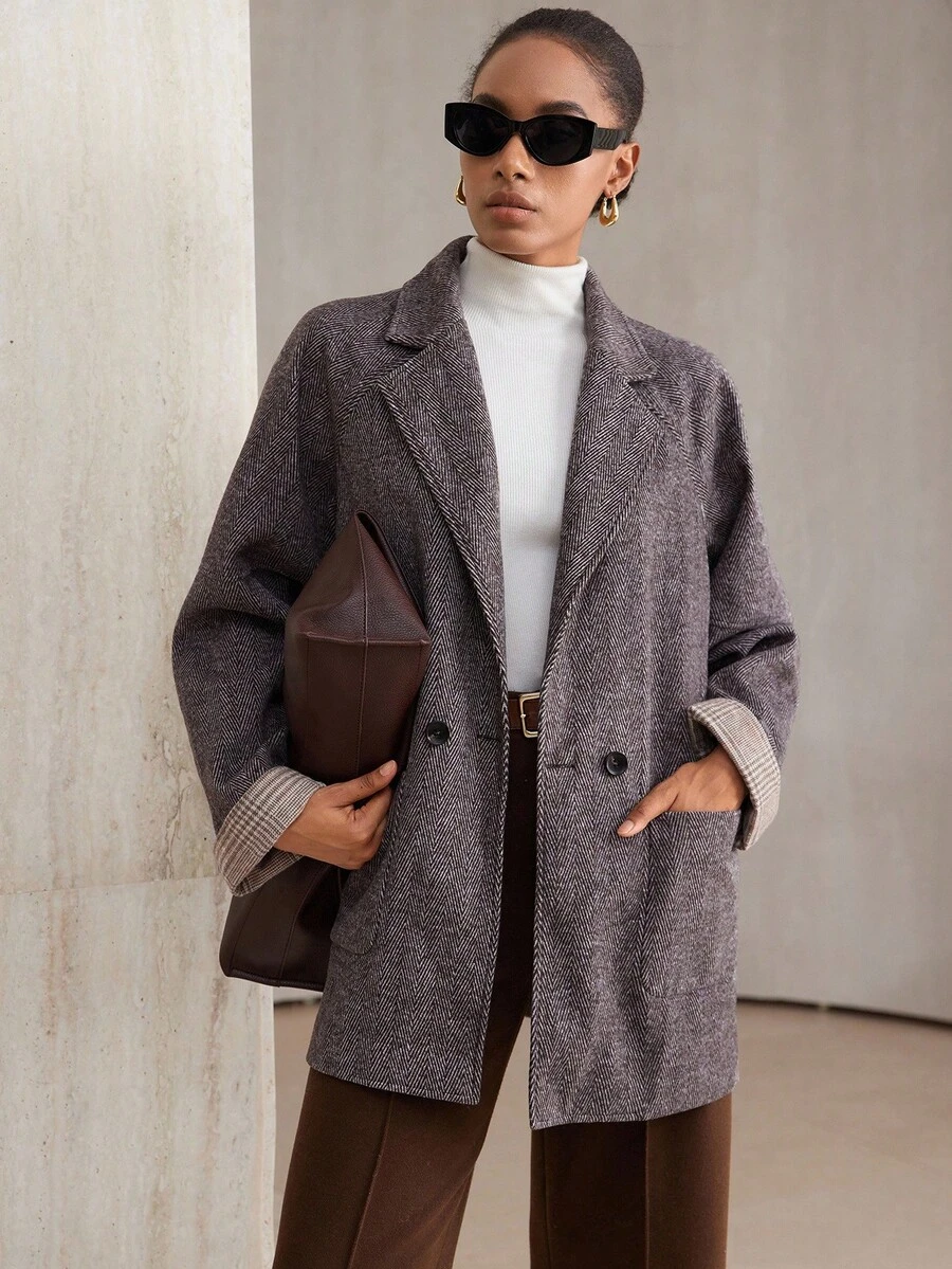 Aveloria Modichic Damen Loose Fit Mittellange Fischgrät Kontrast Manschette Regular Jacke, Herbst/Winter - Verschiedenfarbig - Übersicht 1