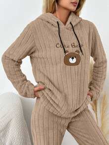 Women's Cartoon Letter Embroidered Hooded Sleepwear Top, Autumn/Winter