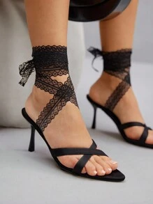 CUCCOO SZL Zapatos de mujer de tacón alto con punta afilada y cordones de satén negro de 8 cm - Negro - Ver 5