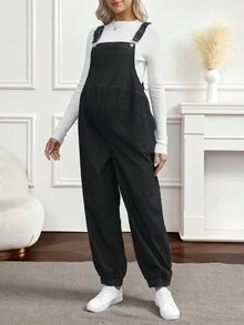 SHEIN Peto vaquero de maternidad de unicolor casual con bolsillo en diagonal y cordón ajustable - Negro - Ver 5