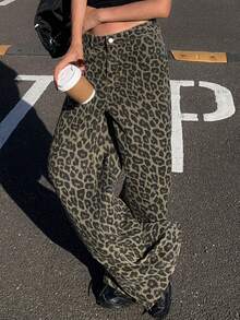 DAZY Women's Autumn Loose Fit Turtleneck Leopard Print Denim Pants Women Jeans