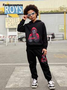 Fantacosmos 2 piezas Conjunto informal de sudadera con capucha y pantalón de chándal con calavera y cara sonriente para niños preadolescentes, Halloween