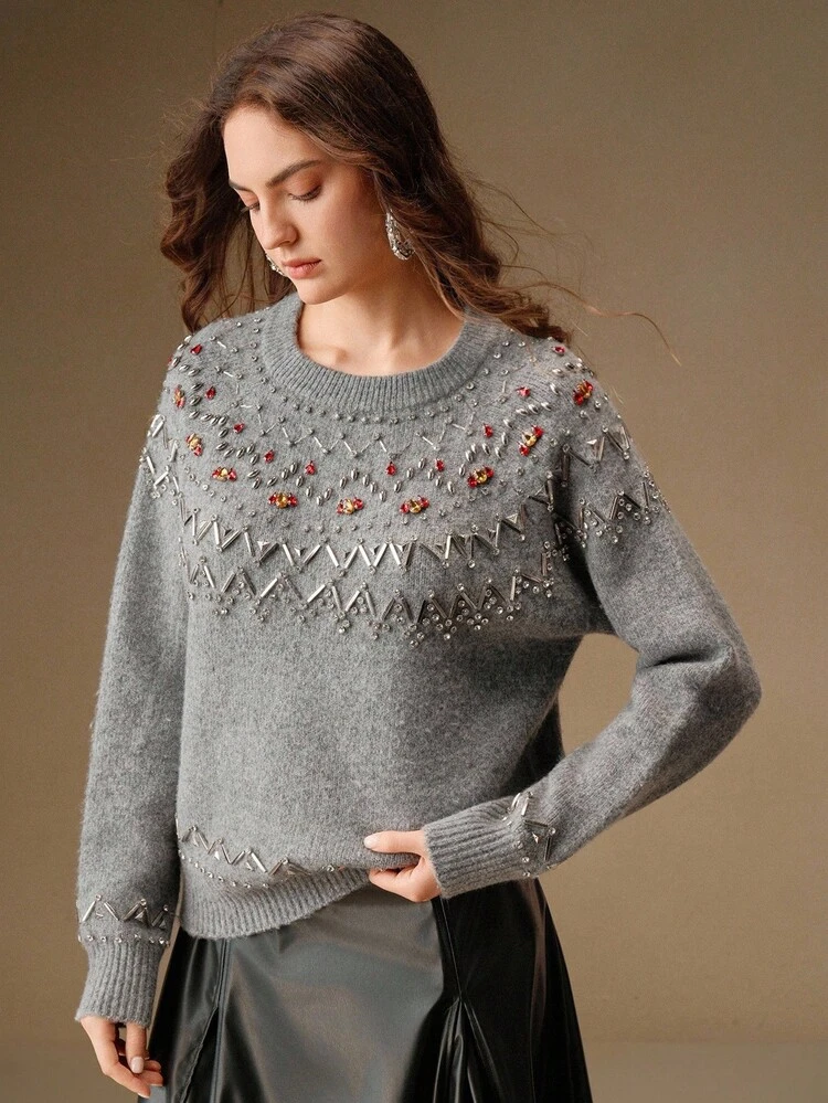 Elegante Suéter de Gola Redonda com Bordado de Strass e Lantejoulas em Estilo Francês, Outono/Inverno