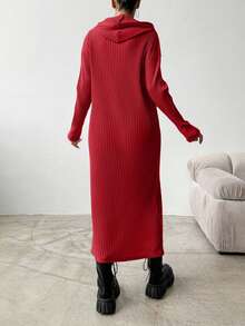 EURMUSE Women's Solid Color Drop Shoulder Long Sleeve Ribbed Casual Hooded Maxi Dress - Merah - View 2