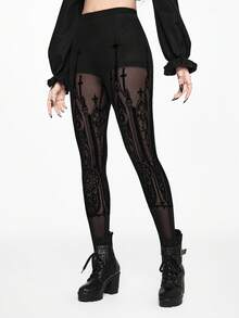 ROMWE EDITION Gothic Palace Flocked Sheer Leggings For Women, Halloween - Black - View 3