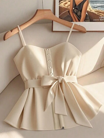 Franclia Women's White Pearl Button Tie Ruffle Strap