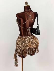 Amplova 夏季新款复古狂野前中镂空露背性感豹纹修身迷你 A 字裙女式 - 彩色 - 查看 7