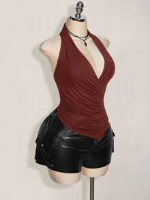SHEIN ICON Áo ba lỗ cổ rộng viền bất đối xứng cỡ lớn, phong cách Y2K, thích hợp mặc mùa hè, mặc hàng ngày - màu nâu - Xem 4