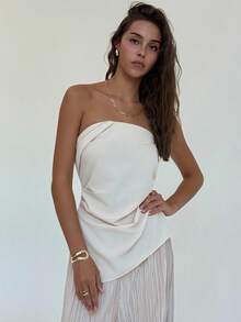 Aloruh Bộ 2 món áo sơ mi ôm sát xếp ly tối giản màu mơ + quần ống rộng xếp ly dài thêm cho nữ, thích hợp mặc đi làm và đi làm - Màu be - Xem 4