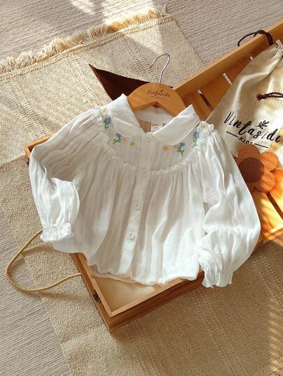 Vintaside Kids Baby Girls' Casual Cute Floral Embroidery Lapel Long Sleeve Blouse, Suitable For Spring, Summer, Autumn Fall Winter