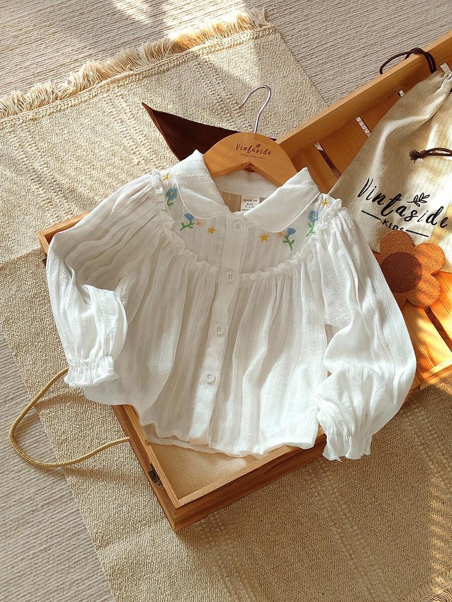 Vintaside Kids 女婴休闲可爱花卉刺绣翻领长袖衬衫，适合春夏秋季 - 米色 - 查看 1