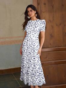 ZEYLAH Cotton Short Sleeve Vacation Embroidered Long Dress - Blue - View 6