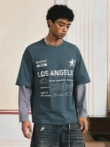 SWAVVY 男士针织圆领长袖字母印花T恤，秋季 - 灰色 - 查看 5