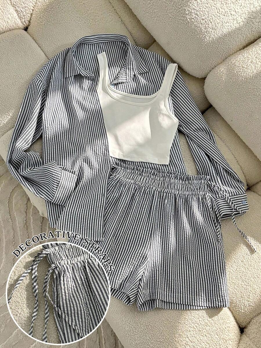 Resyla Women's Striped Shirt, Solid Color Shorts, And Tank Top 3-Piece Set