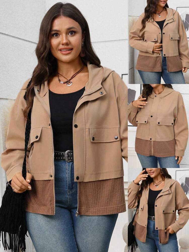 Plus Size Women's Fall Casual Khaki Color Block Hooded Jacket, Autumn,Fall,Autumn/Winter Coat,Fall,Winter,Vintage,Going Out,Fall,Winter Jacket,Winter Jacket For Women,2025 New