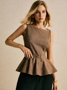 Poéselle Women's Fashionable Brown Boat Neck Belted Sleeveless Top,Brown Top ,Chic Blouses For Women ,Going Out Tops ,Christmas For Women ,New Year Women's,Old Money,Elegant Women,Classy For Women,Fall/Winter - Brown - View 6