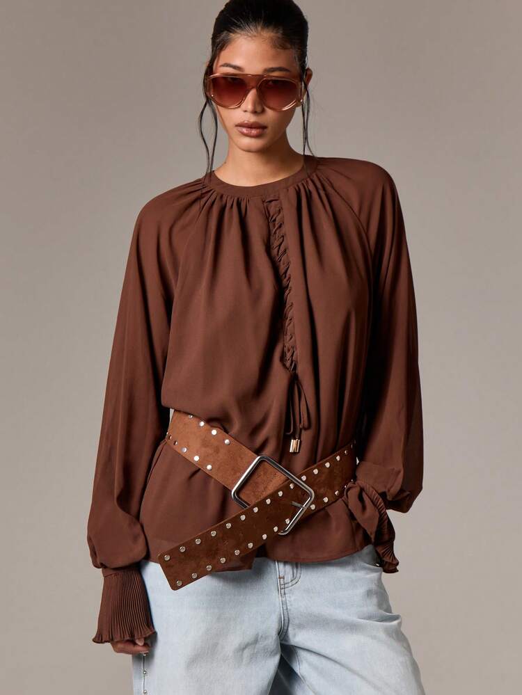 Chiffon Blouse With Pleated Cuffs And Lace Detail