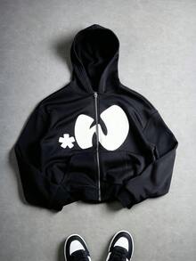 Manfinity EMRG Sudadera con capucha con cremallera y estampado de letras para hombre, otoño, sudadera con capucha con cremallera, sudadera con cremallera gráfica, ropa urbana con cremallera para hombre, sudadera con capucha negra con cremallera