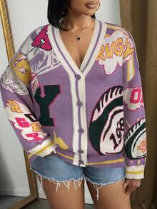 Slaydiva Áo khoác cardigan dệt kim dài tay cổ chữ V màu xanh ô liu cỡ lớn, kiểu dáng thường ngày và đường phố, phù hợp cho phụ nữ cỡ lớn vào mùa thu/đông. - Màu tím - Xem 4
