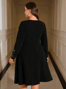 Gownix Plus Size Women's Black Round Neck Long Sleeve Lace Patchwork & Rhinestone Embellished Dress, Fashionable For Party Fall Clothes For Women  Fall Clothes Plus Size  Women's Fall Clothes  Fall Dress Fall Dresses For Women Fall Clothes For Women Autumn Clothes For Women   Going Out Outfit Tops For Going Out  Going Out Dress - Black - View 2