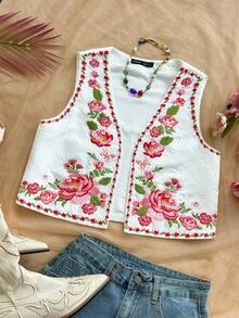 Soleia Women's Romantic Floral Embroidered Casual Top, Suitable For Vacation, Back To School, Casual Lunch, Date, Valentine's Day, Afternoon Tea, Party, Wedding, Spring/Summer Holiday, Cruise, Music Festival, Boho Style Embroidered Top Women Top Women Floral Tops Floral Crop Top Vintage Floral Top Vintage Tops Women Flower Tops For Women Floral Crop Top - Red and White - View 5