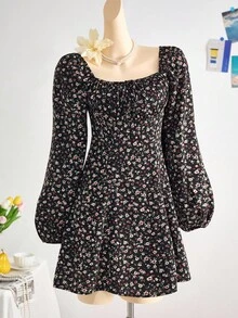 少女黑色碎花雪纺复古法式连衣裙，方领泡泡袖长袖连衣裙，甜美层次下摆，适合秋冬分层搭配、派对、波西米亚风格 - 黑色 - 查看 3