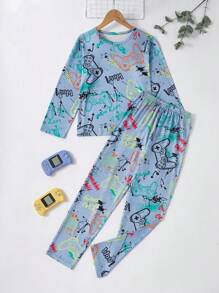 2pcs/Set Boys' Video Game Print Long Sleeve Pajama Set Boys Gamer Pajamas Fall Winter - Baby Blue - View 3