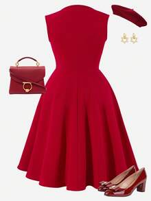 少女红色蝴蝶结吊带背心腰部 A 字形连衣裙，甜美优雅连衣裙，适合约会、派对、聚会 - 酒紅色 - 查看 2