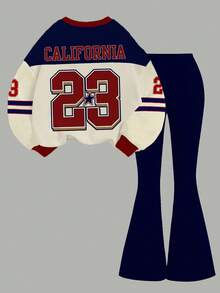 SHEIN 青少年女孩休闲复古字母和数字徽章图案圆领宽松运动衫和喇叭裤两件套服装，运动学院风，返校季，时尚 - 彩色 - 查看 3