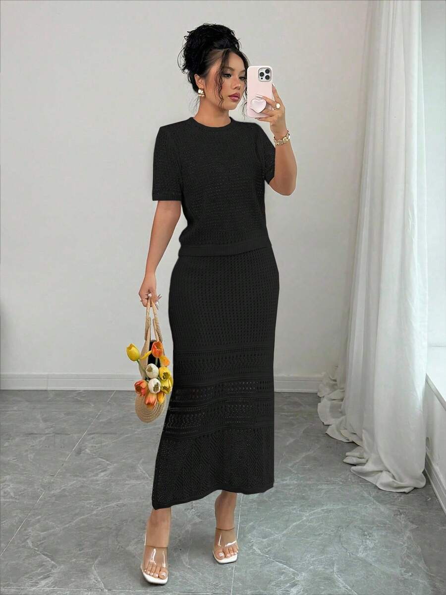 SHEIN Elenzya 2025新款法式白色镂空短袖上衣+半裙两件套，春季 - 黑色 - 查看 1