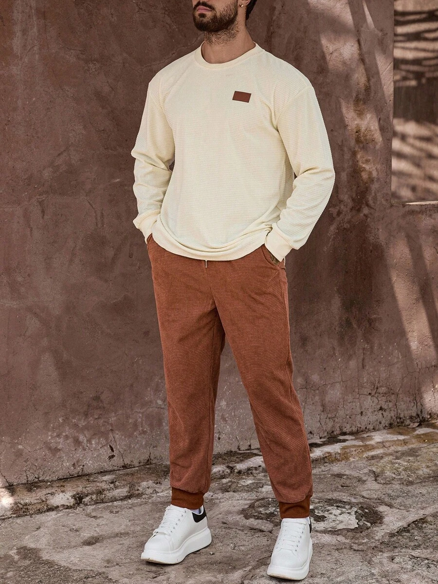 Manfinity Homme 男士缀饰华夫格针织运动衫和运动裤套装，秋季服装 - 彩色 - 查看 1