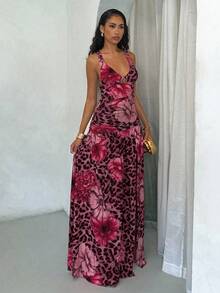 Glamine Leopard Floral Pattern Women Long Dress, Stretchy Jersey Fabric, Sexy Elegant Beach Sundress For Summer Holiday--Floral Pattern Random Fall Women Clothes Back To School Floral Print Dress Bodycon Dress Deep V Dress