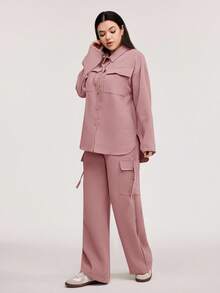Veilorie 1set Women Casual Shirt And Cargo Pocket Pants Suit - Pink - View 5