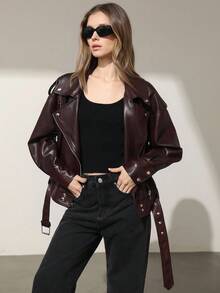 Aveloria Modichic Women's Fashionable Versatile Distressed Effect Metal Zipper Faux Leather Motorcycle Jacket - Burgundy - View 5