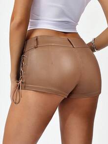 SHEIN Unity Women's Solid Color PU Leather Side Eyelet Lace-Up Skinny Fashionable Shorts - Brown - View 2
