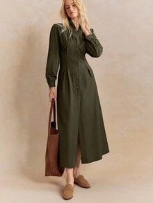 Écloséra 优雅时尚束领设计深V领纽扣前开衬衫裙 - 墨綠色 - 查看 4