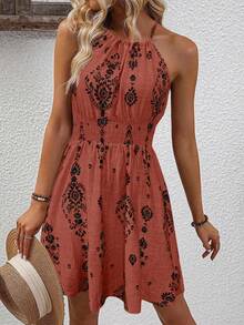 SHEIN LUNE Women's Printed Waist Flared A-Line Vacation & Casual Halter Neck Dress - Redwood - View 6