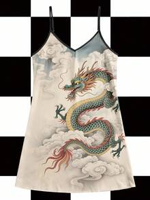 Y2Kool BiGraphic 女士性感东方龙印花迷你连衣裙，适合度假、派对、秋夏季 - 彩色 - 查看 1