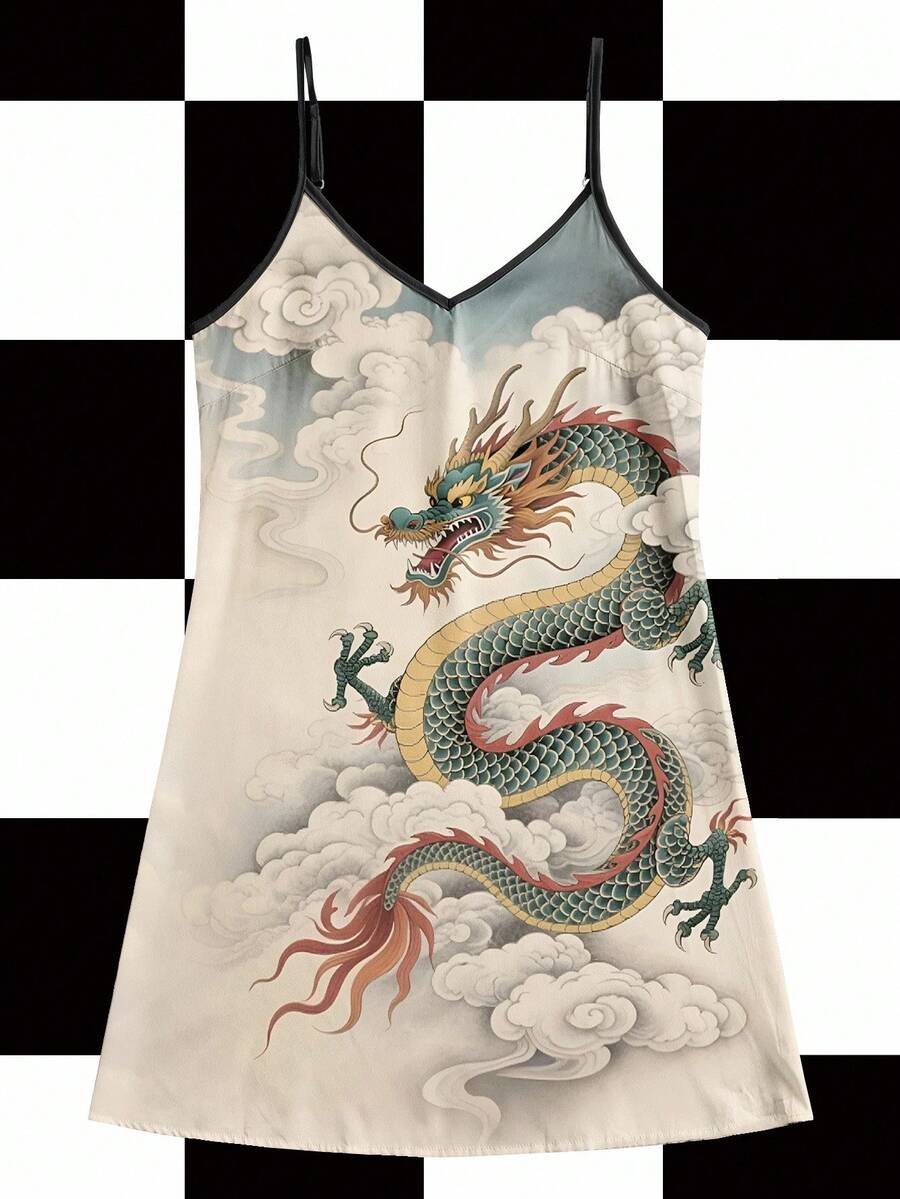 Y2Kool BiGraphic 女士性感东方龙印花迷你连衣裙，适合度假、派对、秋夏季 - 彩色 - 查看 1