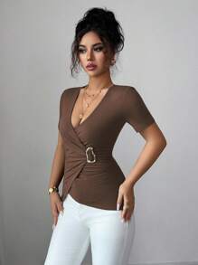 Elenzga Women's Asymmetric Ring Detail Ruched Waist Short Sleeve T-Shirt, Suitable For Commuting And Daily Wear, Summer