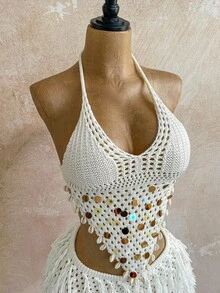 Soleia 女式彩色亮片装饰露背上衣和迷你裙两件套 - 白色 - 查看 6