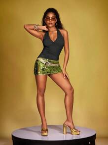 Zyxie Camiseta de tirantes de unicolor arrugada con escote halter y parte trasera descubierta, ideal para el verano y vacaciones - Negro - Ver 3