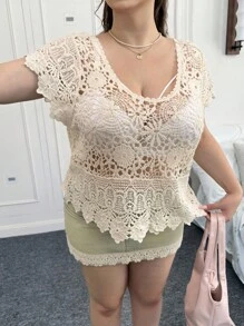 CovetEZ 大码夏季复古钩针针织宽松衬衫 - 米色 - 查看 7