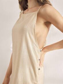 Ocili Leisure Natural Linen Comfortable Spaghetti Strap Shell Button Lace-Up Sleepwear Nightgown For Women - Apricot - View 6