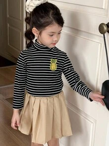 SHEIN Little Byeori Young Girls' Casual Black & White Striped Turtleneck Long Sleeve Undershirt - Black and White - View 5